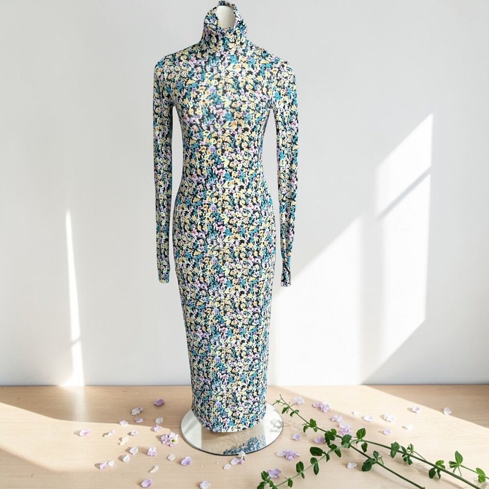 AFRM Shailene Floral Mesh Bodycon Long Sleeve Maxi Dress Size S NWT
